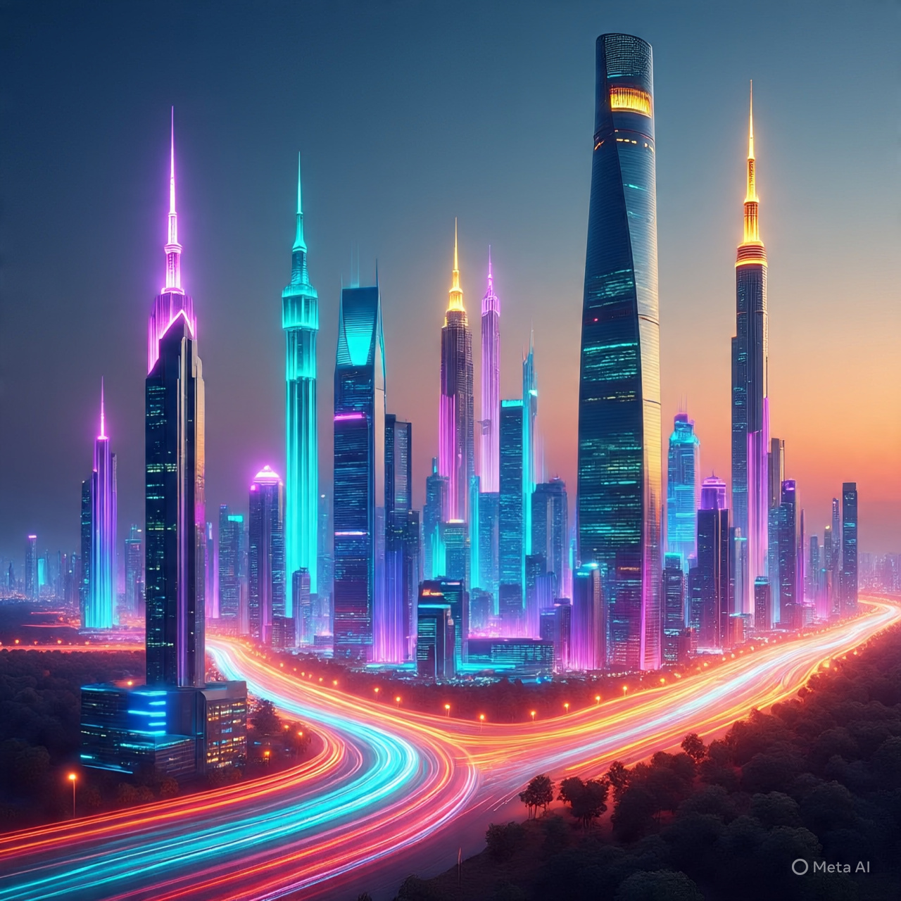 Colorful skyline of a futuristic city with illuminated skyscrapers and light trails from vehicles on a road.
